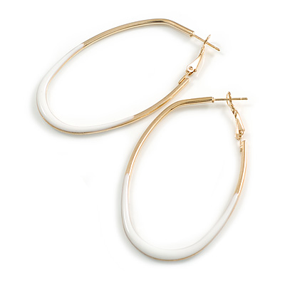 60mm Tall/ Gold Tone with White Enamel Oval Hoop Earrings/ Large Size - main view