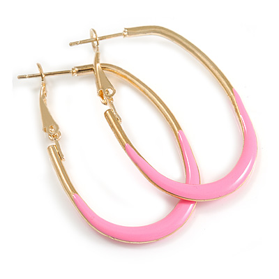 40mm Tall/ Gold Tone with Pink Enamel Oval Hoop Earrings/ Medium Size - main view