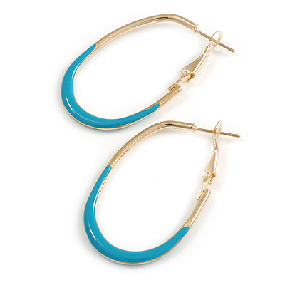 40mm Tall/ Gold Tone with Teal Enamel Oval Hoop Earrings/ Medium Size - main view