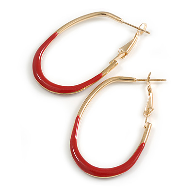 40mm Tall/ Gold Tone with Red Enamel Oval Hoop Earrings/ Medium Size