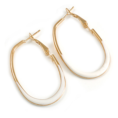 40mm Tall/ Gold Tone with White Enamel Oval Hoop Earrings/ Medium Size - main view