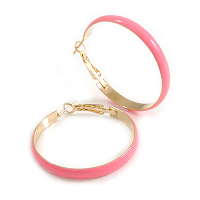40mm D/ Wide Pink Enamel Hoop Earrings In Gold Tone/ Medium Size - main view