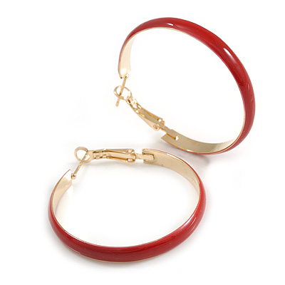 40mm D/ Wide Red Enamel Hoop Earrings In Gold Tone/ Medium Size