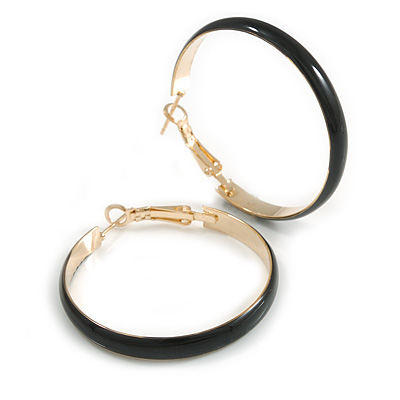 40mm D/ Wide Black Enamel Hoop Earrings In Gold Tone/ Medium Size