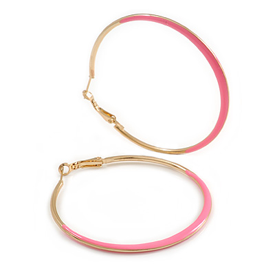 60mm Diameter/ Gold Tone with Pink Enamel Hoop Earrings/ Large Size - main view