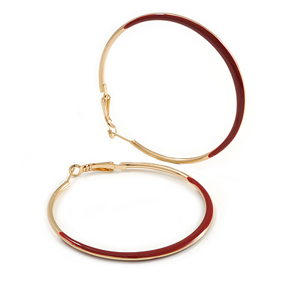60mm Diameter/ Gold Tone with Red Enamel Hoop Earrings/ Large Size