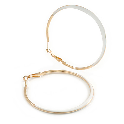 60mm Diameter/ Gold Tone with White Enamel Hoop Earrings/ Large Size