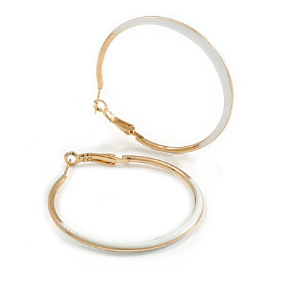 50mm Diameter/ Gold Tone with White Enamel Hoop Earrings/ Large Size