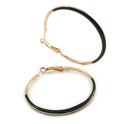 50mm Diameter/ Gold Tone with Black Enamel Hoop Earrings/ Large Size - main view