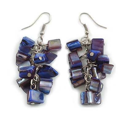 Dark Blue/Purple Shell Composite Cluster Dangle Earrings in Silver Tone - 60mm L - main view
