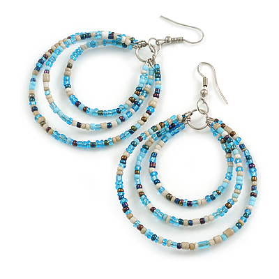 Triple Hoop Glass Bead Earrings Light Blue/Cream/Peacock - 75mm Long