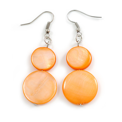 Double Bead Shell Drop Earrings In Silver Tone/ Orange - 55mm Long - main view