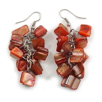 Brick Red Shell Composite Cluster Dangle Earrings in Silver Tone - 60mm L - main view