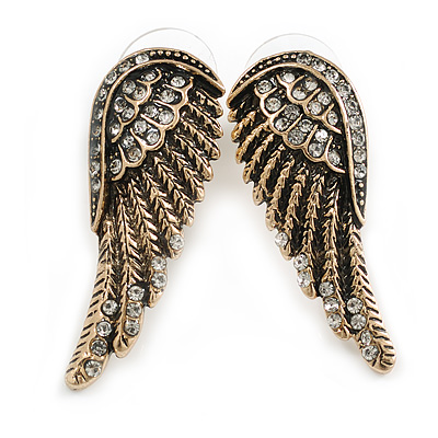 Vintage Inspired Clear Crystal Angel Wings Stud Earrings In Aged Gold Metal/38mm Across - main view