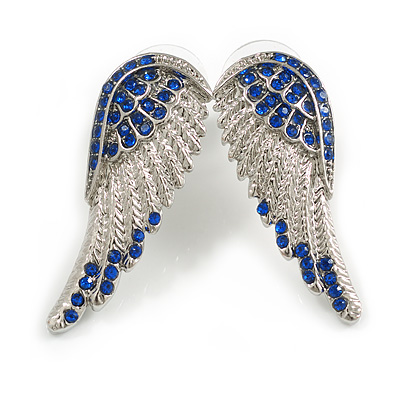 Sapphire Blue Crystal Angel Wings Stud Earrings In Silver Tone Metal/38mm Across - main view