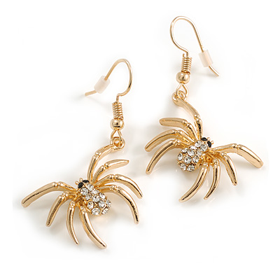 Crystal Spider Drop Earrings in Gold Tone - 45mm Long - main view
