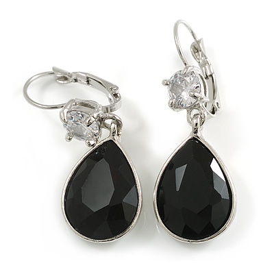 Black/ Clear CZ, Glass Teardrop Earrings With Leverback Closure In Silver Tone - 45mm L - main view