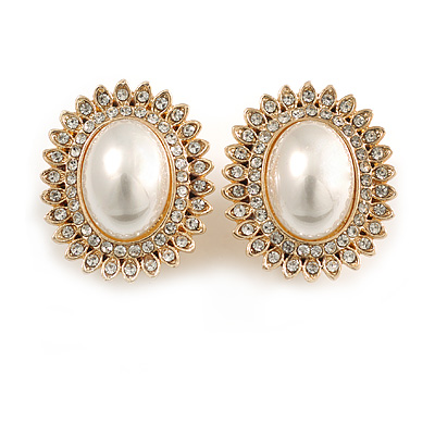 30mm Tall/ Clear Crystal White Pearl Oval Clip On Earrings In Gold Tone - main view