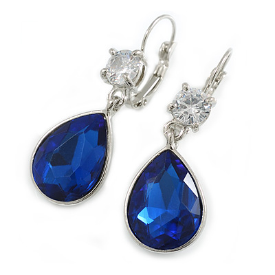 Royal Blue/Clear Glass Teardrop Earrings With Leverback Closure In Silver Tone/ 45mm Drop - main view