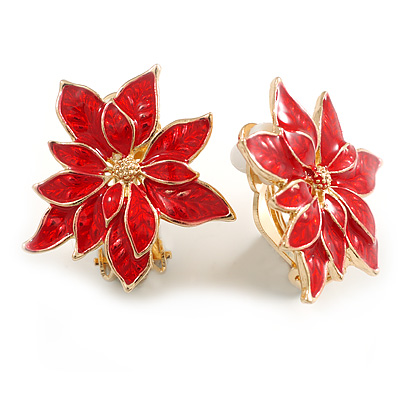 Christmas Red Enamel Poinsettia Holiday Stud Clip On Earrings In Gold Tone - 25mm Diameter - main view