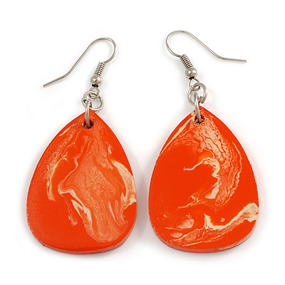 Orange/White Teardrop Wood Earrings - 60mm L