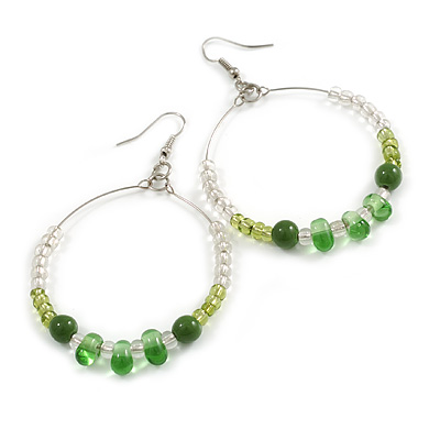 Olive/Green/ Transparent Ceramic/ Glass Bead Hoop Earrings In Silver Tone - 70mm Long - main view