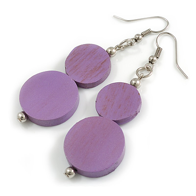 Double Bead Lavender Purple Wooden Drop Earrings - 60mm Long