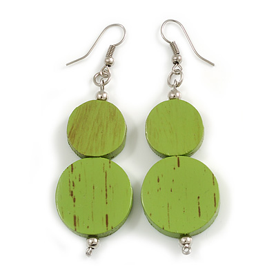 Double Bead Lime Green Wooden Drop Earrings - 60mm Long - main view