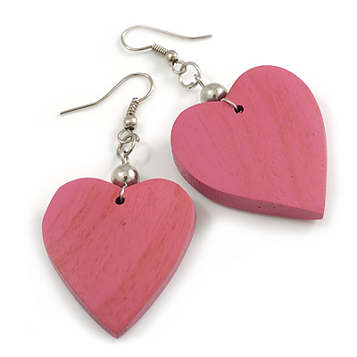 Rose Pink Wood Grain Heart Drop Earrings - 60mm L
