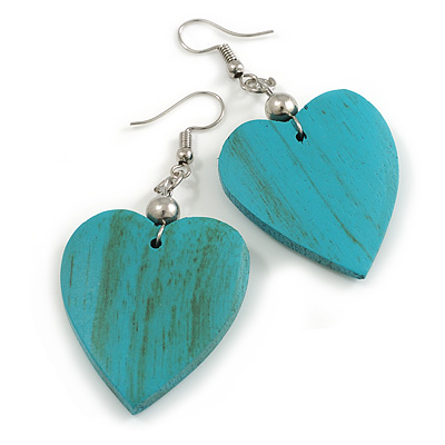 Turquoise Coloured Wood Grain Heart Drop Earrings - 60mm L - main view