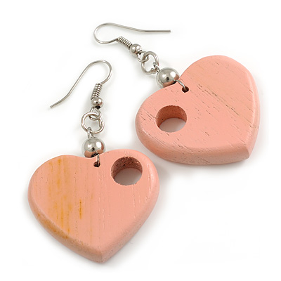Pastel Pink Cut Out Heart Wooden Drop Earrings - 55mm Long - main view