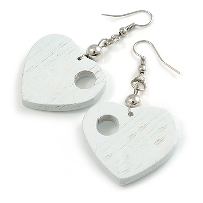 White Cut Out Heart Wooden Drop Earrings - 55mm Long - main view