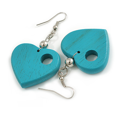 Pastel Turquoise Cut Out Heart Wooden Drop Earrings - 55mm Long - main view