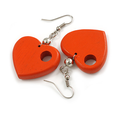 Orange Cut Out Heart Wooden Drop Earrings - 55mm Long - main view