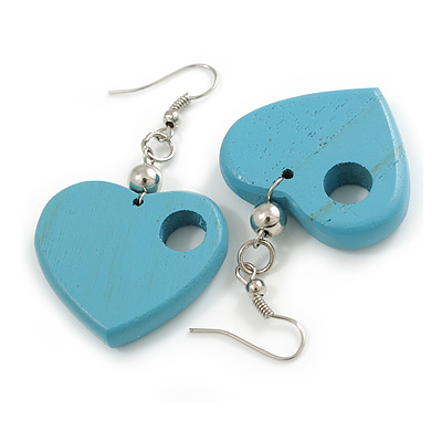 Pastel Blue Cut Out Heart Wooden Drop Earrings - 55mm Long - main view