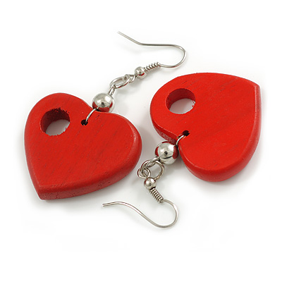 Red Cut Out Heart Wooden Drop Earrings - 55mm Long - main view