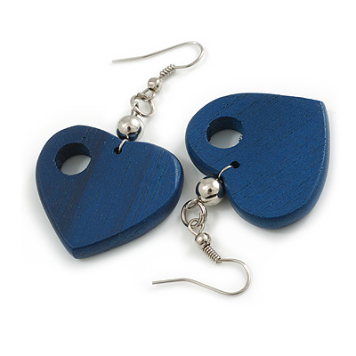 Dark Blue Cut Out Heart Wooden Drop Earrings - 55mm Long