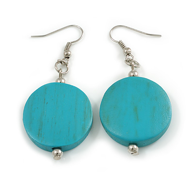 Turquoise Coloured Wood Coin Drop Earrings - 55mm