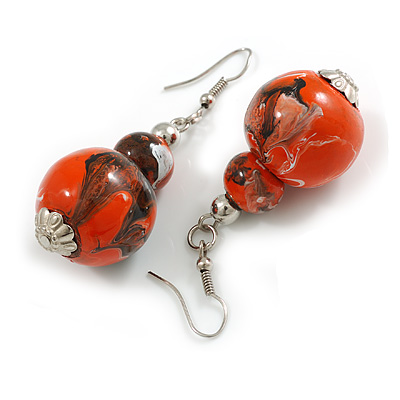 Orange/Black/White Double Bead Wood Drop Earrings - 60mm L - main view