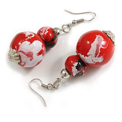 Red/White/Black Double Bead Wood Drop Earrings - 60mm L - main view