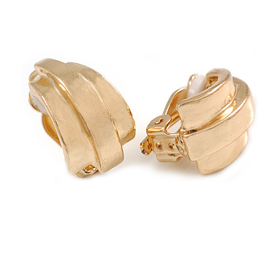 Gold Tone C-Shape Ribbed Clip On Earrings - 17mm Tall - main view