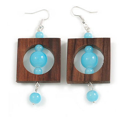 Stylish Square Wood Light Blue Glass Bead Drop Earrings - 75mm Long - main view