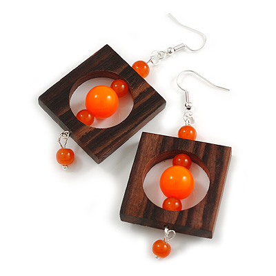 Stylish Square Wood Orange Glass Bead Drop Earrings - 75mm Long - main view