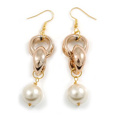 Long Gold Acrylic Link and Cream Faux Pearl Bead Dangle Earrings in Gold Tone - 75mm L - main view