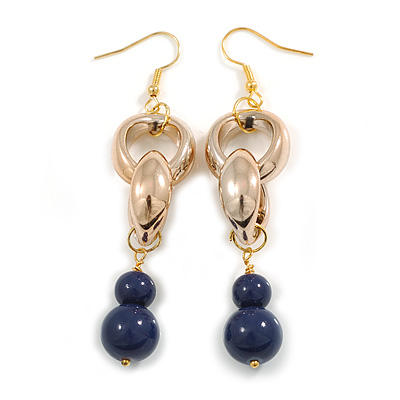 Long Gold Acrylic Link and Blue Ceramic Bead Dangle Earrings in Gold Tone - 80mm L - main view