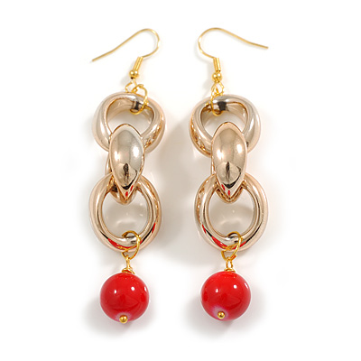 Long Gold Acrylic Link and Red Ceramic Bead Dangle Earrings in Gold Tone - 85mm L
