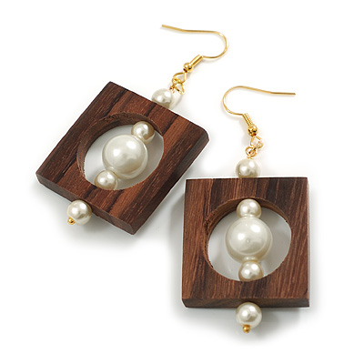 Stylish Square Wood Pearl Bead Drop Earrings - 70mm Long - main view