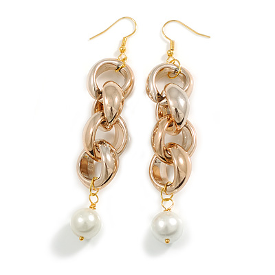 Long Gold Acrylic Multi Link and Cream Faux Pearl Bead Dangle Earrings in Gold Tone - 10cm L - main view