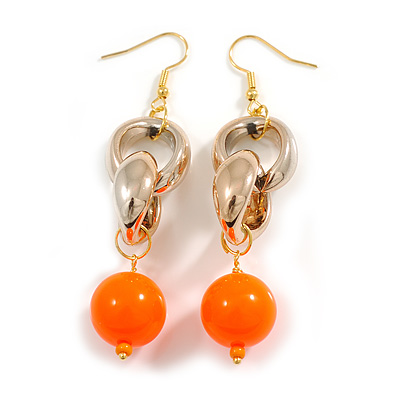 Long Gold Acrylic Link and Orange Plastic Bead Dangle Earrings in Gold Tone - 80mm L - main view