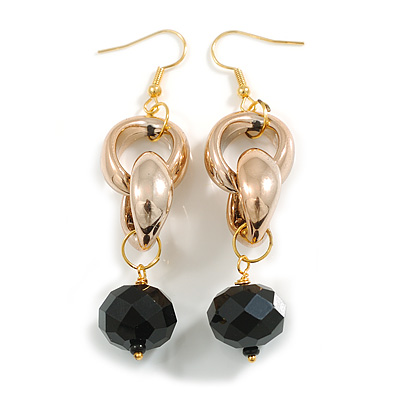 Long Gold Acrylic Link and Black Faceted Glass Bead Dangle Earrings in Gold Tone - 75mm L - main view
